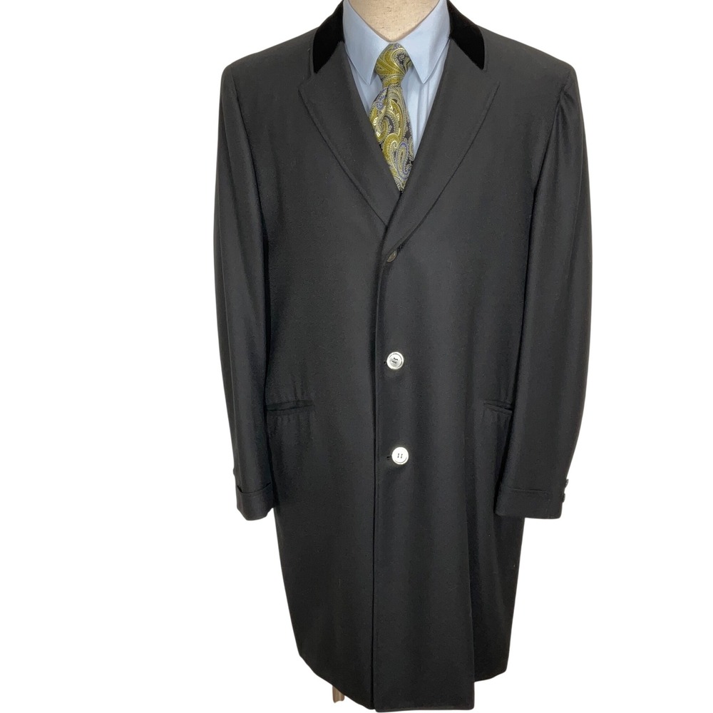 Hathaway Custom Overcoat Men 44 Black Crepe Velvet Collar Dress Coat Bespoke